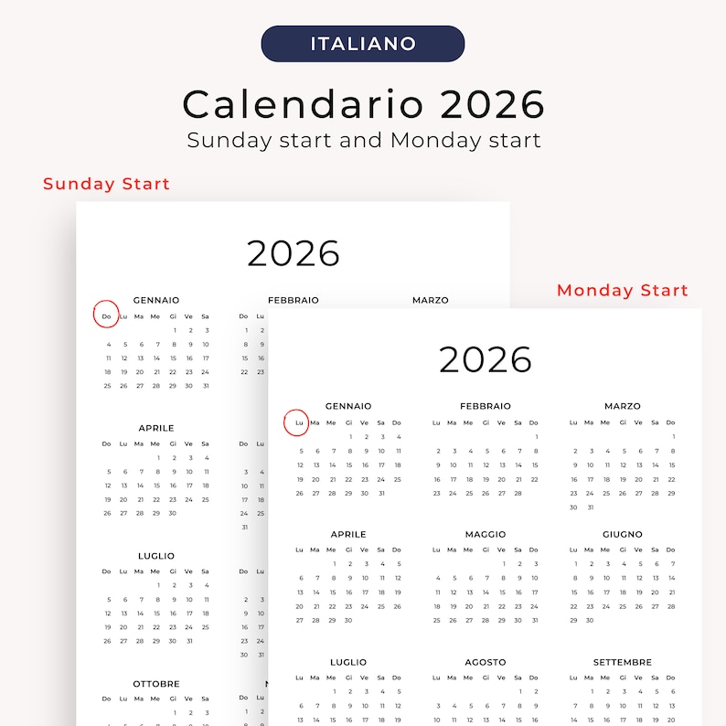 Calendario 2026 Calendario in Italiano 2026 Calendario Annuale 2026