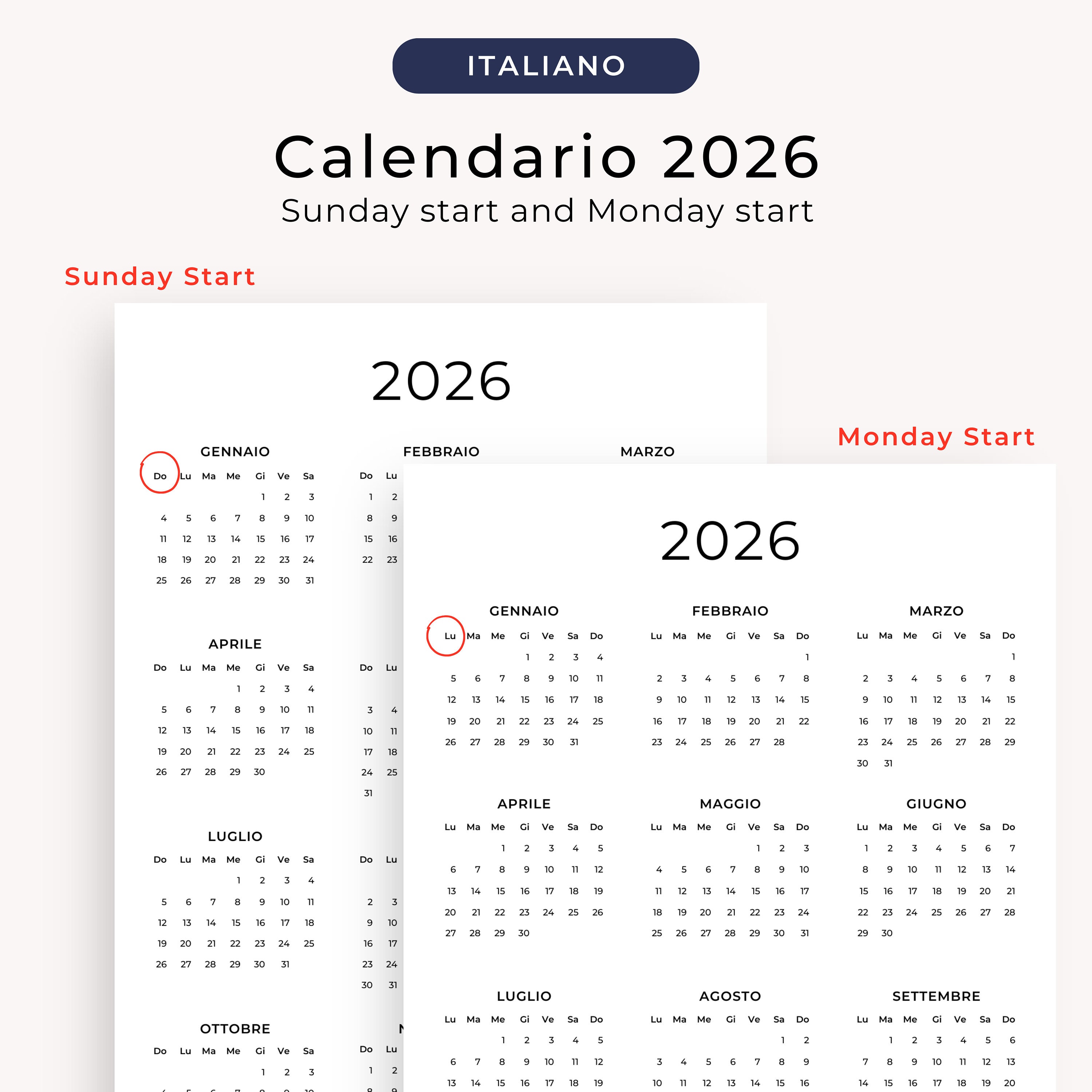 Calendario 2026 Calendario in Italiano 2026 Calendario Annuale 2026