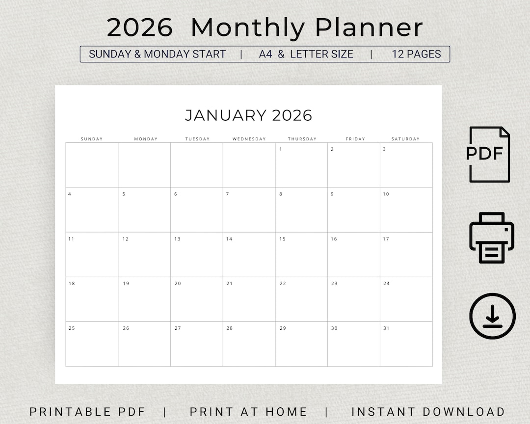 2026 Monthly Calendar PRINTABLE 2026 Monthly Planner Landscape - Etsy