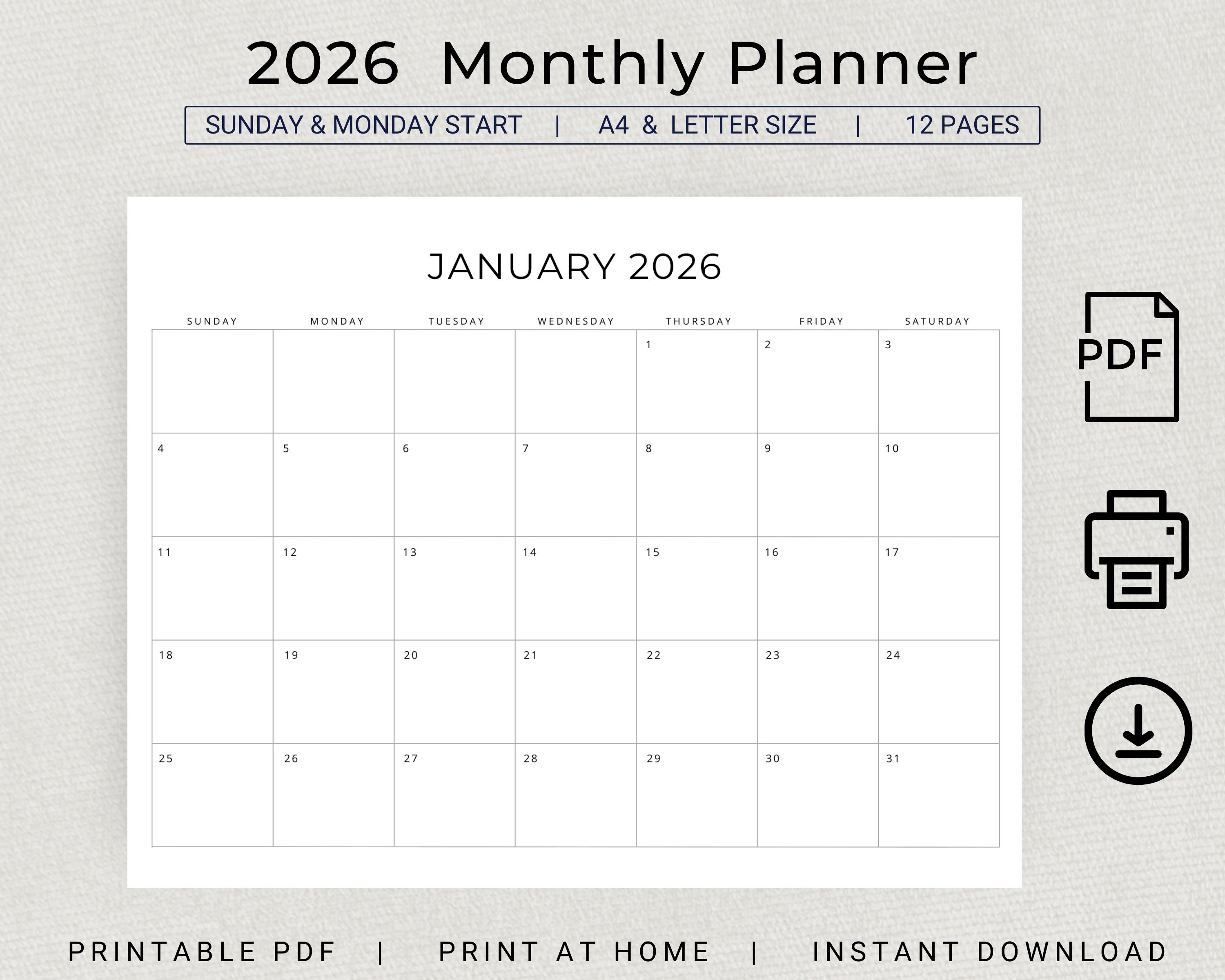 2026 Monthly Calendar PRINTABLE 2026 Monthly Planner Landscape - Etsy