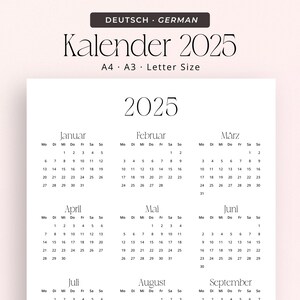 Puede incluir: Calendario blanco de 2025 con el texto "Kalender 2025" en negro, con las palabras alemanas "DEUTSCH GERMAN" en la parte superior. El calendario está disponible en tamaños A4, A3 y Letter.