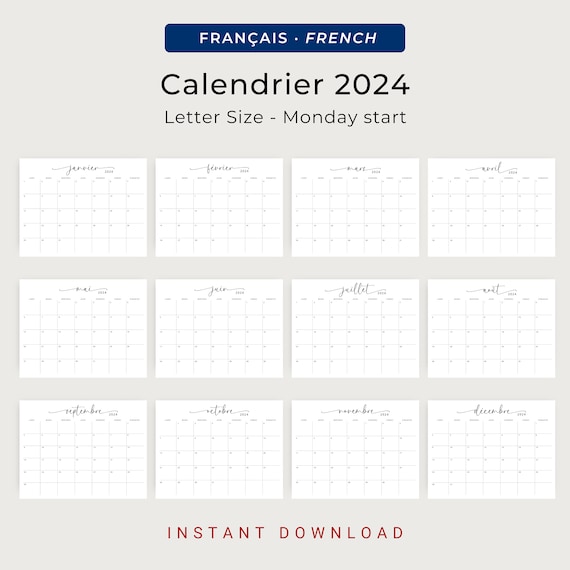 Calendrier 2024 Calendrier Français 2024 Planificateur Imprimable 2024  French Calendar 2024 French Planner PRINTABLE Wall Calendar French 