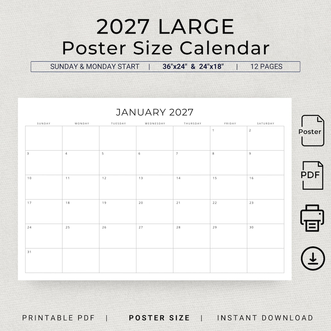 2027 Large Calendar 2027 Monthly Planner Poster 24x18 36x24 Calendar