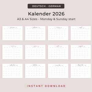 Kalender 2026 Kalender Deutsch Instant Download Printable 2026 Calendar in German PDF 2026 Desk Planner German A3 A4 Germany Wall Calendar