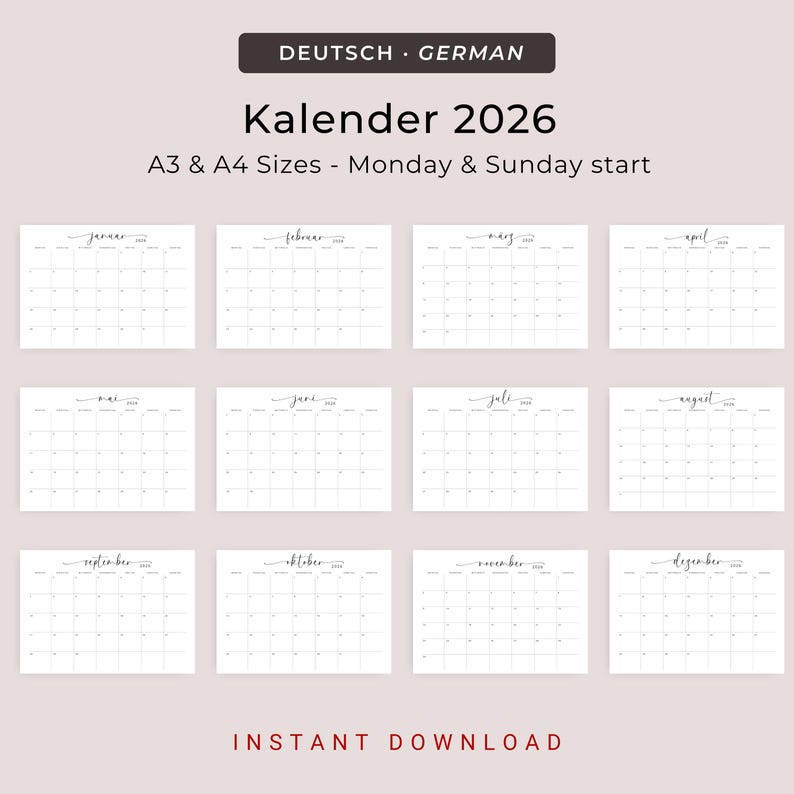 Kalender 2026 Kalender Deutsch Instant Download Printable 2026 Calendar in German PDF 2026 Desk Planner German A3 A4 Germany Wall Calendar