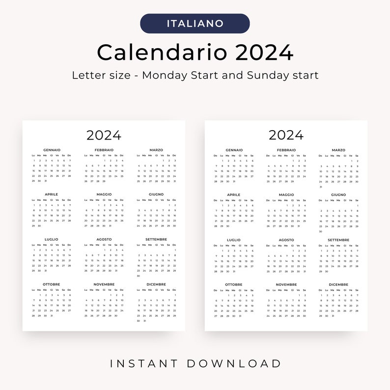 Calendario 2024 Calendario Annuale 2024 Calendario in Italiano 2024 PRINTABLE Italian Calendar 2024 Portrait A3 A4 Letter Wall Calendar PDF