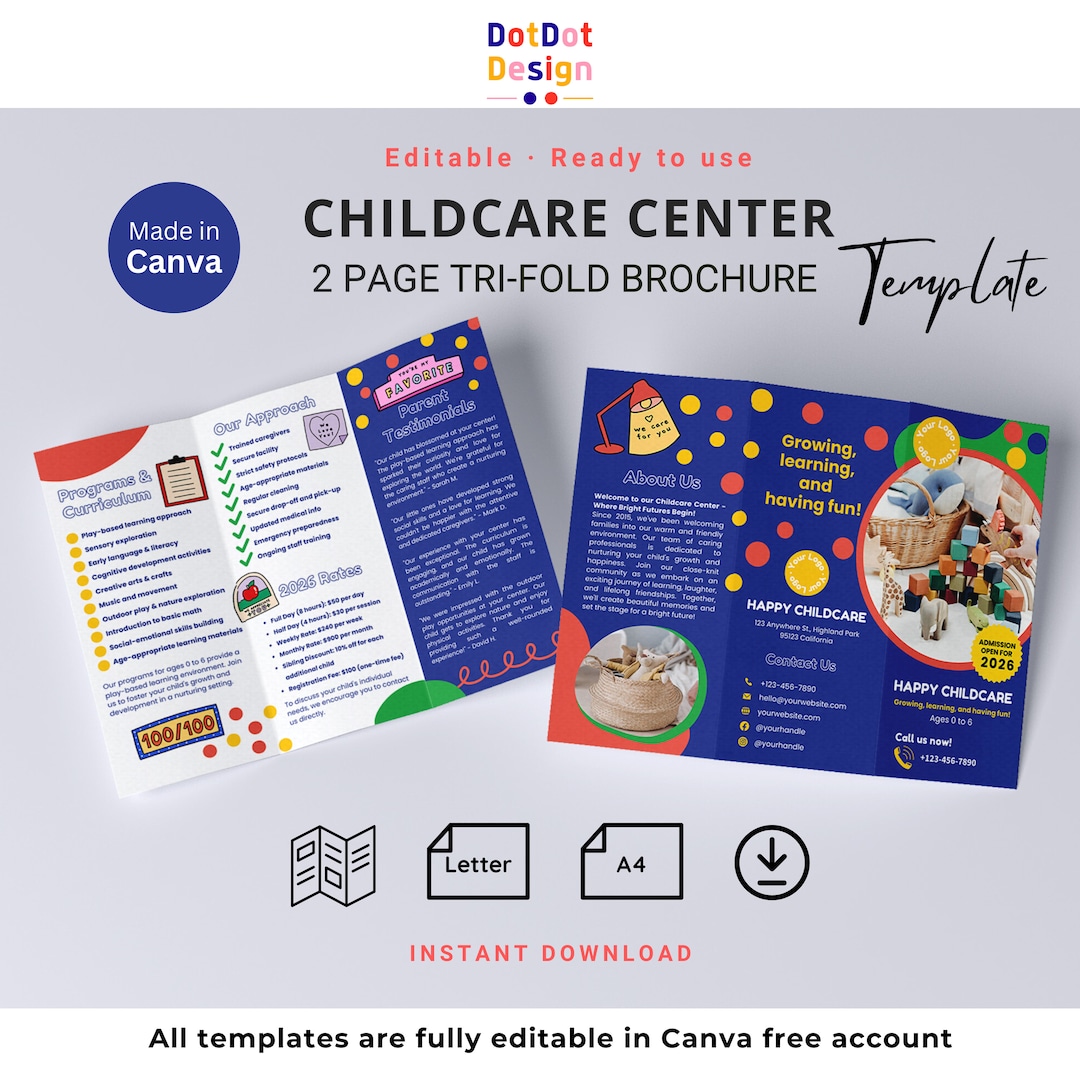 EDITABLE Trifold Brochure for Childcare Center Canva Template Preschool ...