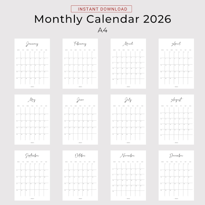 2026 Monthly Calendar Portrait 2026 Planner Portrait 2026 Soft ...