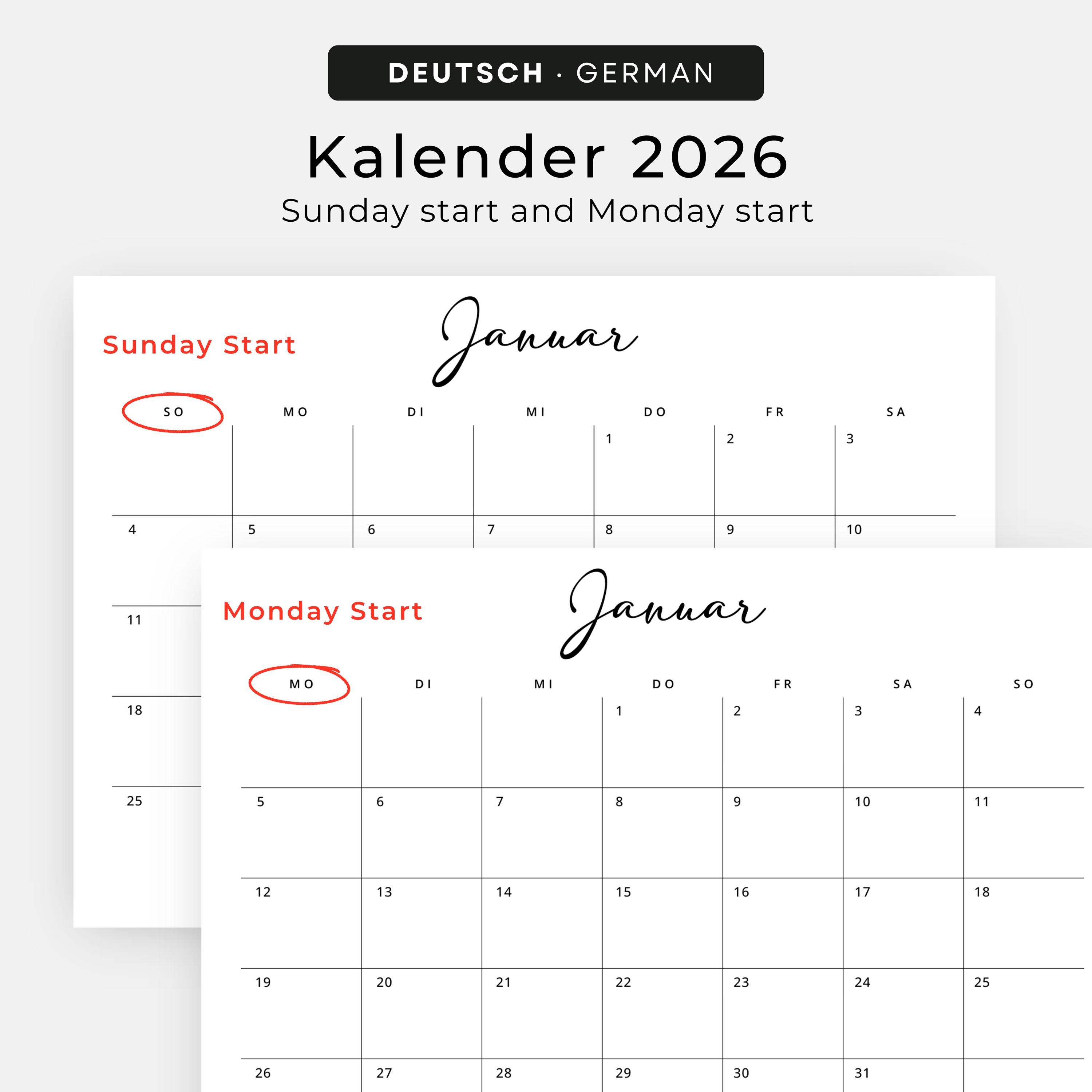 2026 Kalender 2026 Kalender Deutsch Monatsplaner Landscape PRINTABLE