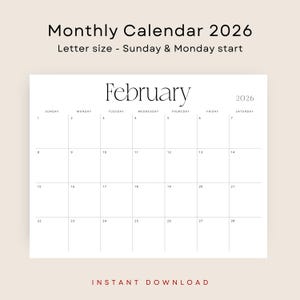 2026 Calendar 2026 Monthly Planner Landscape 2026 Wall Calendar PDF 2026 Desk Planner Minimalist Printable Stylish A4 Letter Size Agenda