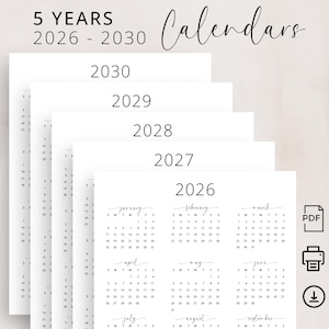 Op de afbeelding: Witte 5-jaars kalenderset, van 2026-2030. Elke kalenderpagina toont een maand met dagen en datums. De bovenkant van de afbeelding luidt "5 YEARS 2026-2030 Calendars". Inclusief PDF-, print- en downloadpictogrammen.