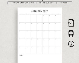 2026 Monthly Planner Portrait 2026 Calendar Printable Minimalist 2026 Monthly Calendar Planner Vertical A4 Letter Size Monday & Sunday Start