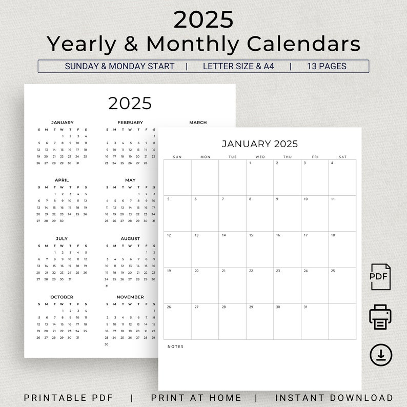 2025 Year Calendar 2025 Monthly Calendar Portrait 2025 Planner Wall