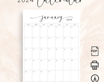 Calendario 2024 Planificador Mensual 2024 Vertical Domingo y Lunes Inicio 2024 Calendario Mensual Elegante Tamaño Carta A4 Imprimir en Casa Calendario de Pared