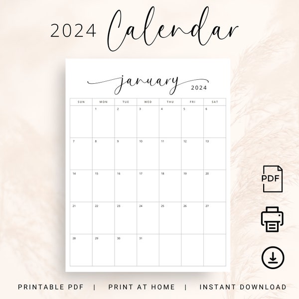 2024 Kalender 2024 Monatsplaner Vertikal Sonntag & Montag Start 2024 Eleganter Monatskalender A4 Letter Format Print at Home Wandkalender