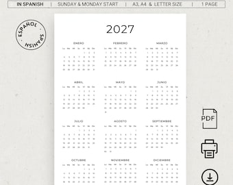 Calendario 2027 Calendario en Español 2027 Calendario Imprimible Calendar Spanish 2027 Printable Minimalist Wall Calendar A3 A4 Letter Size
