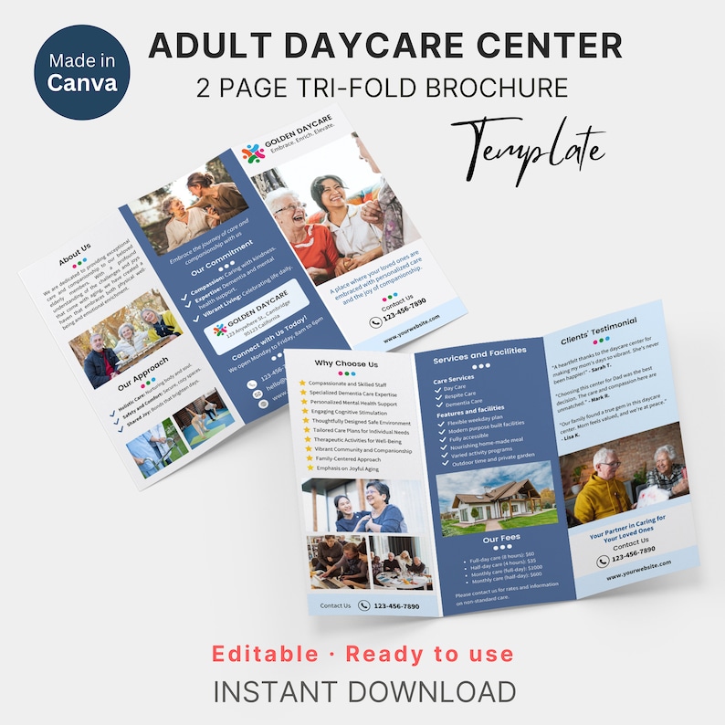 Editable Adult Daycare Center Trifold Brochure Day Center for Elderly