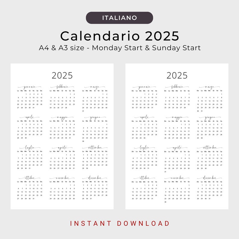 Calendario 2025 Calendario Italiano Annuale 2025 Calendario in Italiano Portrait Calendar in