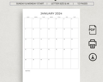 2024 Monthly Planner Vertical 2024 Calendar Minimalist Sunday & Monday Start Monthly Calendar 2024 Minimal Black and White A4 Letter Size