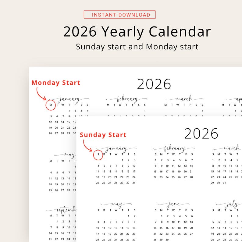 2026 Yearly Calendar 2026 Wall Calendar Landscape 2026 Calendar PRINTABLE 2026 Horizontal Year A3 A4 Letter Monday & Sunday Start Elegant