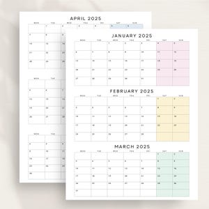 Calendario 2025 de tres meses por página Calendario trimestral 2025 imprimible en PDF Planificador de estudio 2025 Calendario de pared de trabajo para el hogar Tamaño carta A4 Pastel