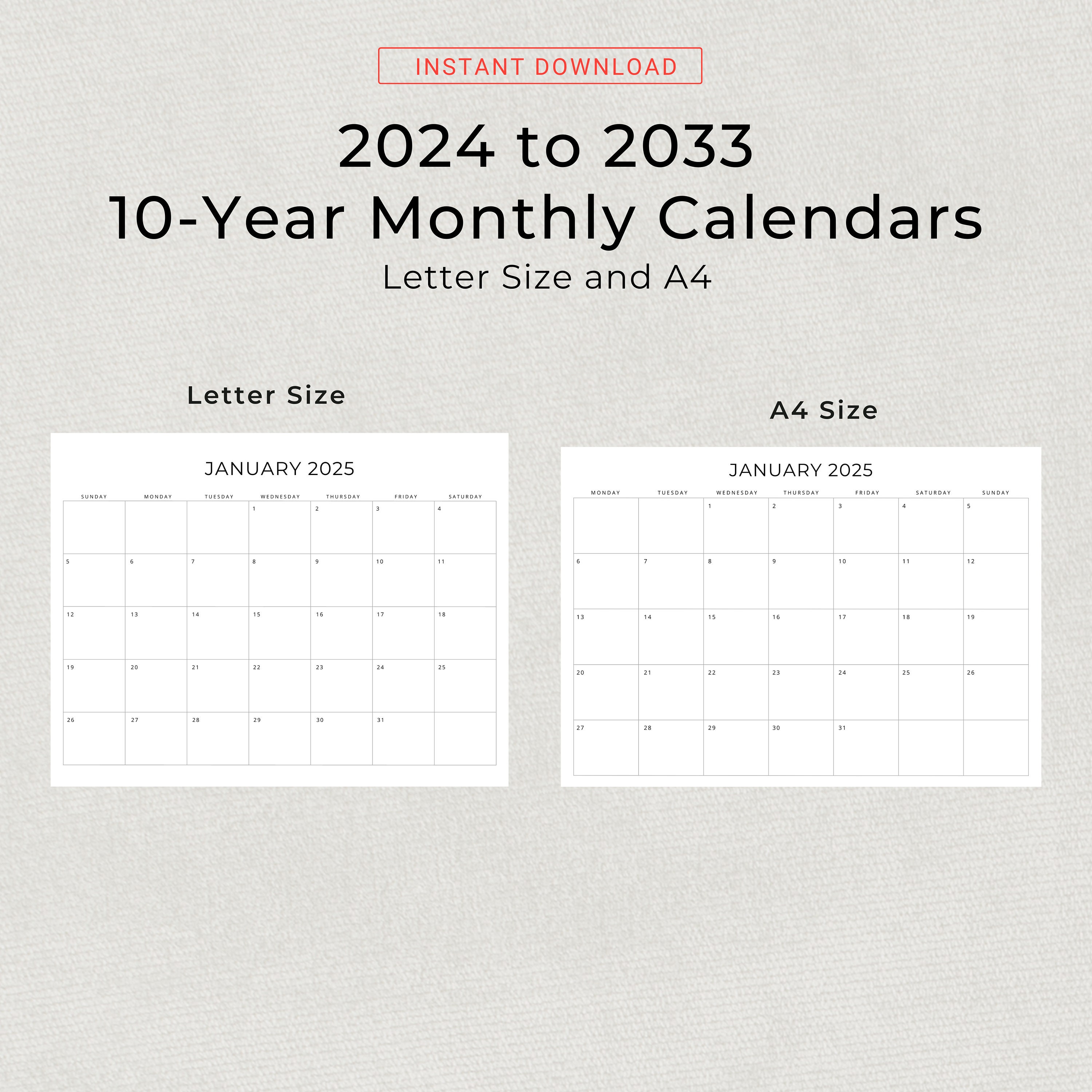 10 Years Calendar 2024 to 2033 Calendar PRINTABLE Landscape 10 Years Monthly Planner Letter Size
