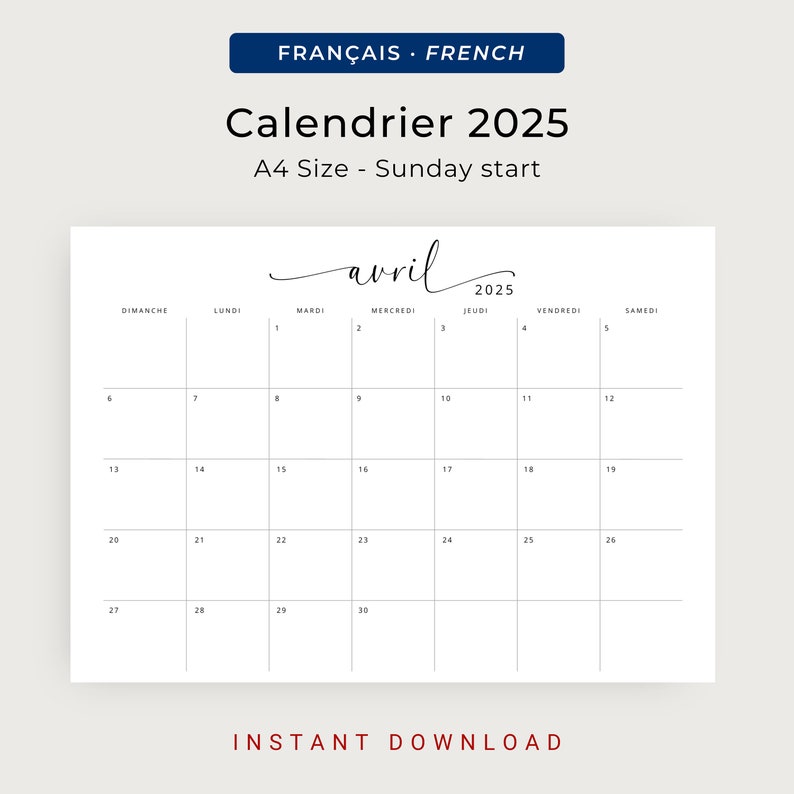 Calendrier 2025 Calendrier Français 2025 Planificateur Imprimable 2025