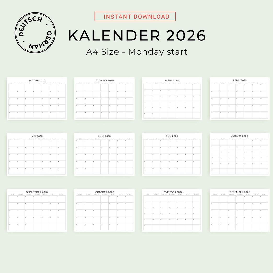 2026 Kalender 2026 Monatskalender 2026 Deutscher Kalender 2026