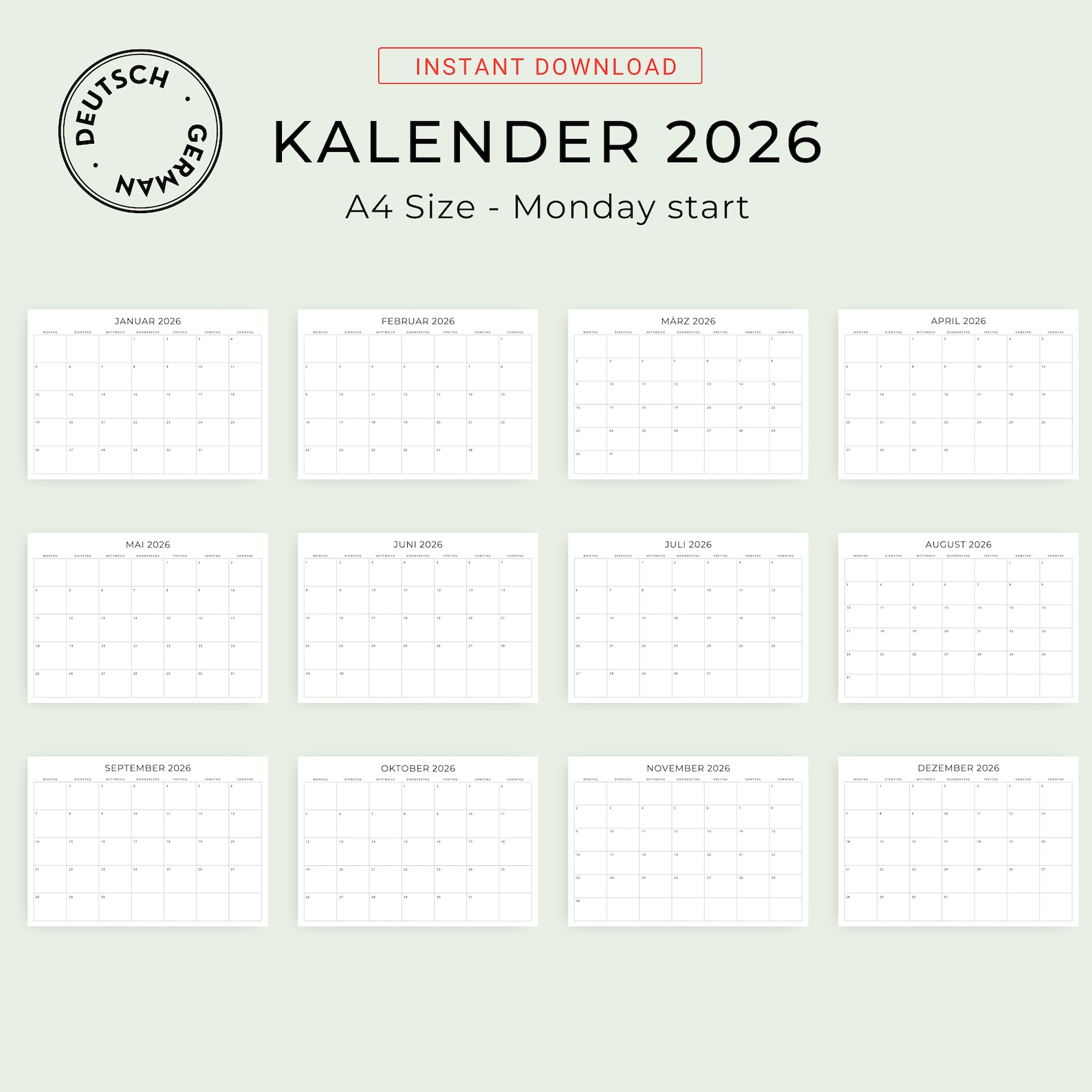 2026 Kalender 2026 Monatskalender 2026 Deutscher Kalender 2026
