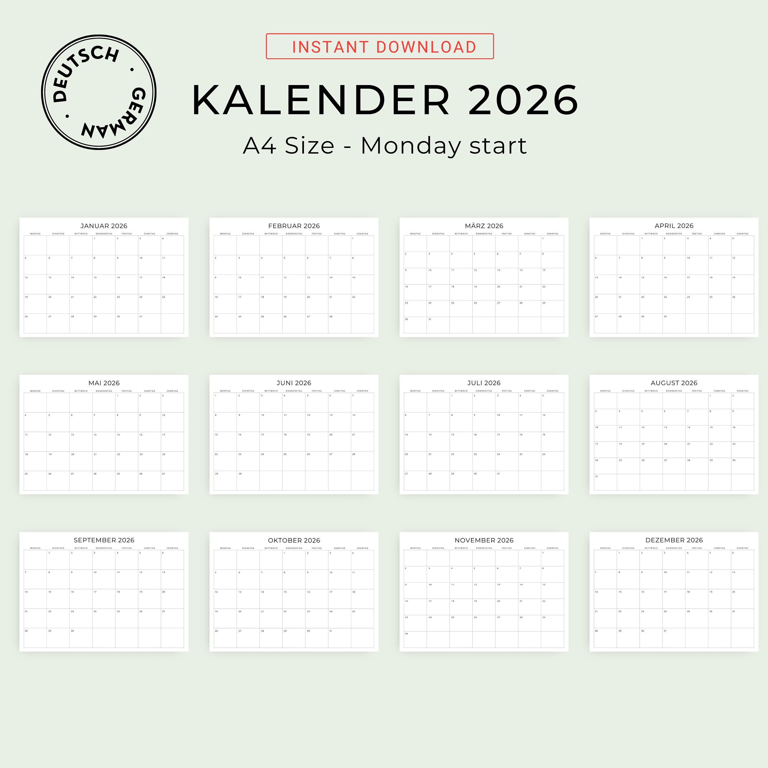 2026 Kalender 2026 Monatskalender 2026 Deutscher Kalender 2026
