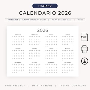 Könnte beinhalten: Ein druckbarer Kalender 2026 auf Italienisch, mit Sonntag- und Montagsbeginn. Der Kalender ist in den Größen A3, A4 und Letter erhältlich. Der Kalender enthält die Monate des Jahres, mit jedem Tag des Monats.