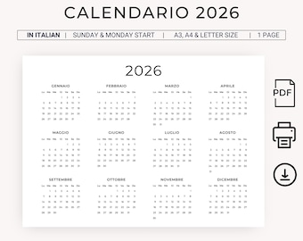 Calendario 2026 Italiano Calendario Annuale 2026 Calendario 2026 STAMPABILE Calendario in italiano 2026 Paesaggio A3 A4 Letter Calendario da parete PDF