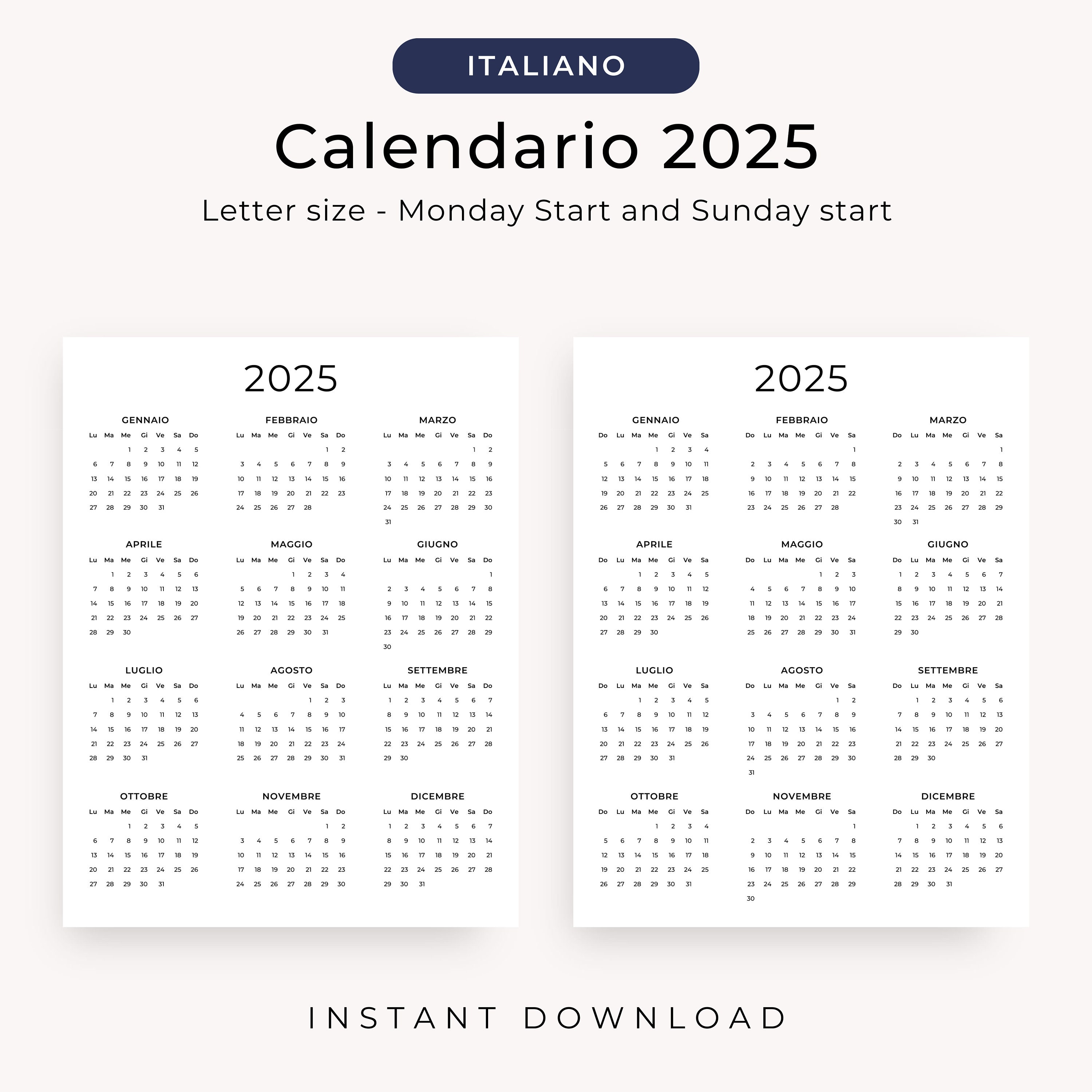 Calendario 2025 Calendario Annuale 2025 Calendario in Italiano 2025