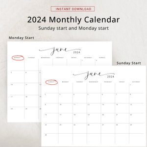 2024 Calendar 2024 Monthly Planner Landscape Elegant Monthly Calendar Sunday & Monday Start 2024 A4 Letter Size Wall Calendar PRINTABLE PDF