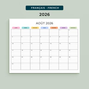 May include: A monthly wall calendar page for August 2026 in French. The grid features seven columns for days of the week with colorful headers in pink, blue, yellow, light blue, orange, purple, and green. Each date box includes horizontal lines.