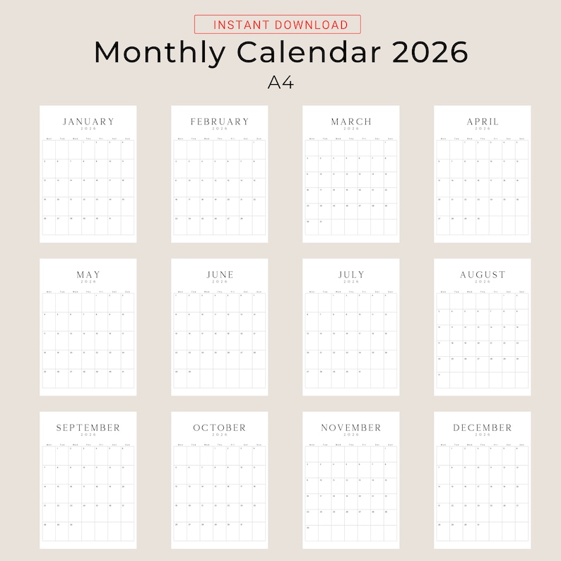 2026 Printable Calendar 2026 Planner Vertical Calendar Portrait LUXE Monthly Calendar A4 Letter Size Sunday & Monday Start 2026 Calendar PDF
