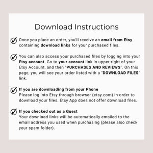 May include: A checklist of instructions for downloading digital files purchased from Etsy. The instructions cover downloading files from an email, accessing files through an Etsy account, downloading from a phone, and downloading as a guest.