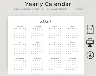 2027 Calendar 2027 Wall Calendar Printable Calendar Landscape 2027 Yearly Calendar 2027 Minimalist Desk Planner Insert Letter Size PDF A3 A4