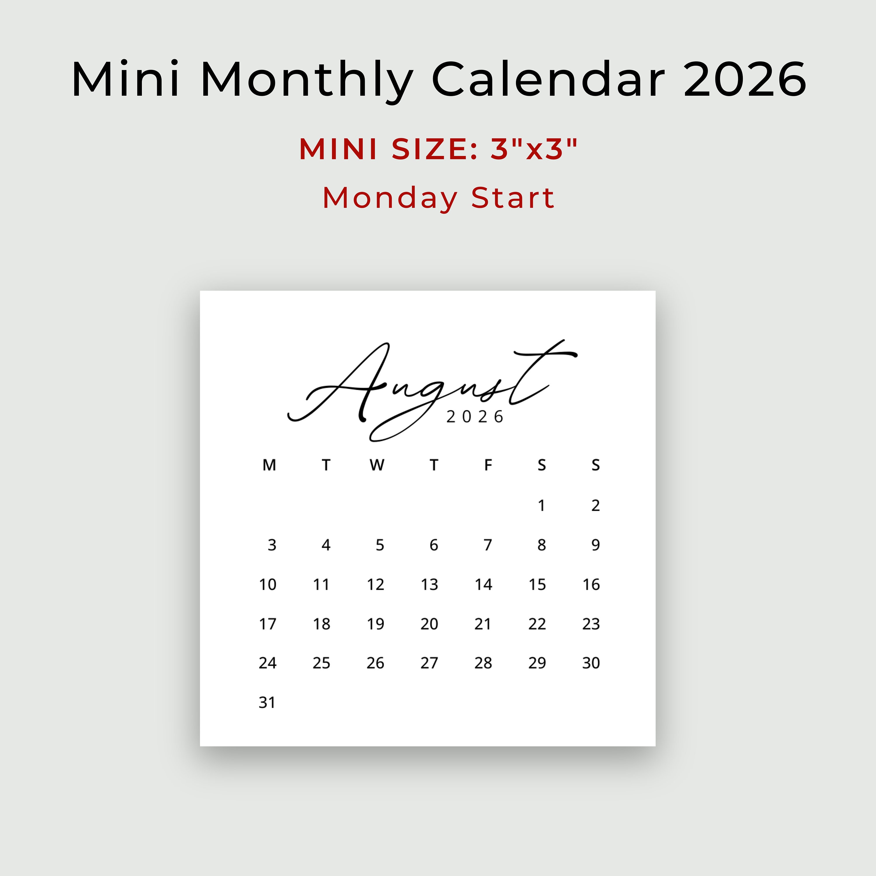 Printable 2026 Mini Calendar 3x3 Inch 2026 Small Calendar Card 2026 ...