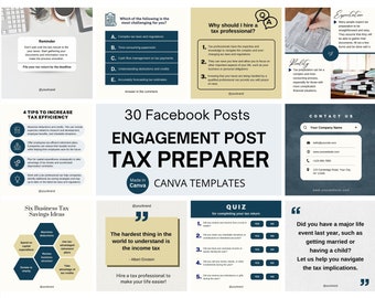 May include: A collection of 30 customizable Facebook post templates for tax preparers. The templates feature a variety of designs, including a quiz, a reminder, and tips for increasing tax efficiency. The templates are made with Canva and are fully editable.