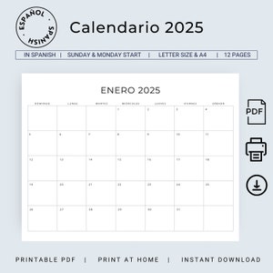 Calendario Español 2025 2025 Calendario Español 2025 Planificadores Planificador Mensual 2025 en Español Calendario Mínimo 2025 A4 Tamaño Carta PDF