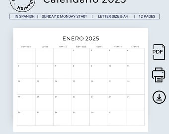 2025 Spanischer Kalender 2025 Calendario Español 2025 Planificadores 2025 Monatsplaner in Spanisch Minimaler Kalender 2025 A4 Letter Size PDF