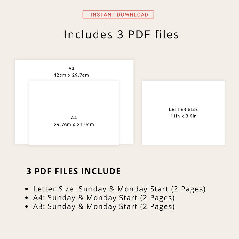 May include: A digital download of three printable PDF files for a weekly planner. The planner is available in three sizes: Letter (11 inches by 8.5 inches), A4 (29.7 cm by 21.0 cm), and A3 (42 cm by 29.7 cm). Each size includes two pages, one for Sunday start and one for Monday start.