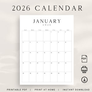 2026 Printable Calendar 2026 Planner Vertical Calendar Portrait LUXE Monthly Calendar A4 Letter Size Sunday & Monday Start 2026 Calendar PDF