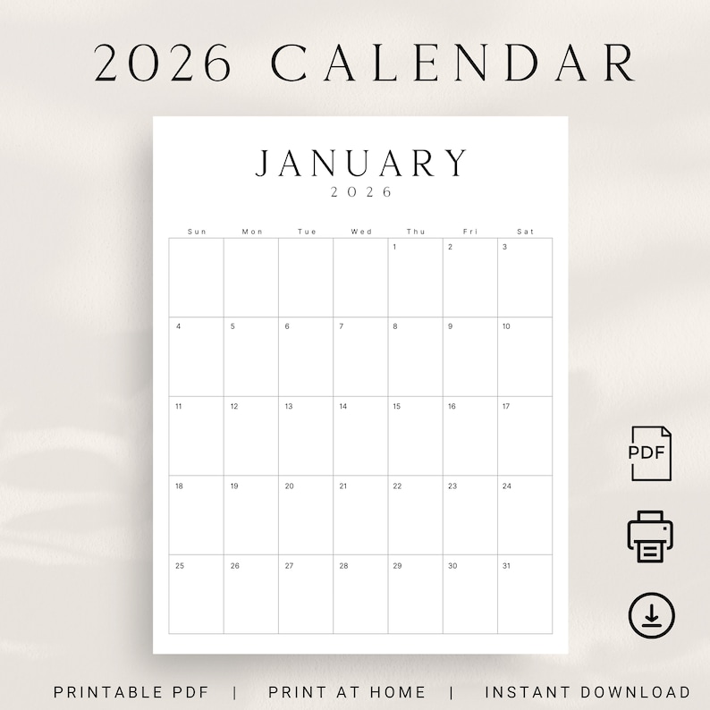 2026 Printable Calendar 2026 Planner Vertical Calendar Portrait LUXE Monthly Calendar A4 Letter Size Sunday & Monday Start 2026 Calendar PDF