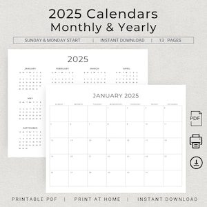 2025 Minimalist Calendar 2025 Monthly Calendar & Yearly Calendar Landscape 2025 Wall Calendar Set Planner Printable Desk Calendar Download