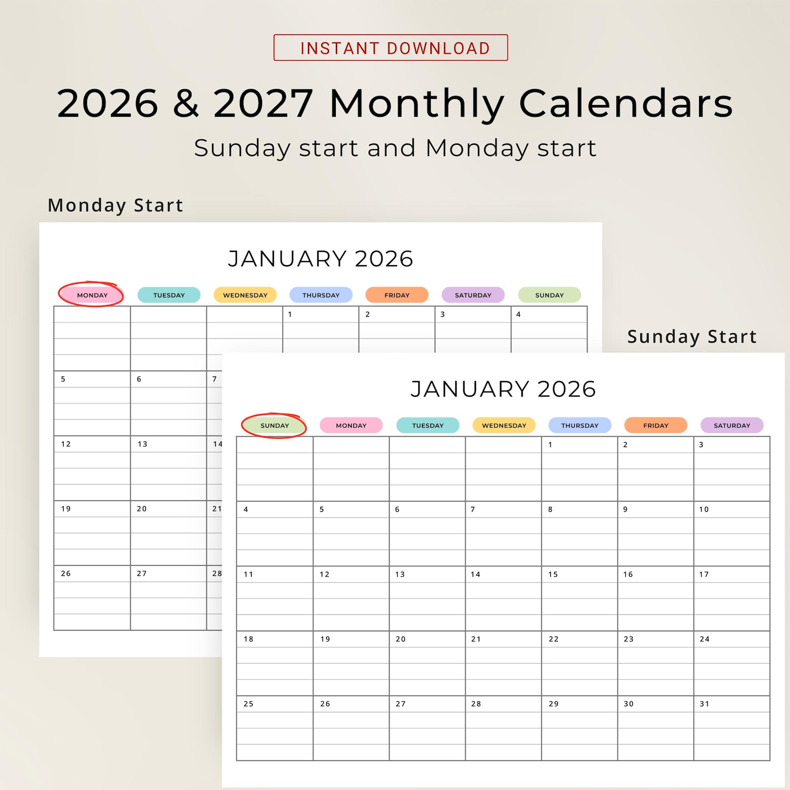 2026 2027 Monthly Calendar With Lines PRINTABLE PDF 2026 2027 Planner