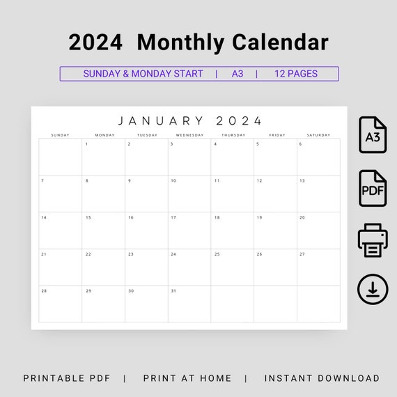 Calendario mensile 2024 orizzontale, pianificatore mensile 2024, formato A3  Inizio domenica Inizio lunedì, Calendario stampabile minimo pulito  Calendario da parete PDF -  Italia