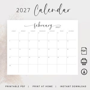 Calendario 2027, planificador mensual 2027, elegante calendario de pared horizontal, inicio domingo y lunes, planificador de escritorio tamaño carta A4, imprimible en PDF.