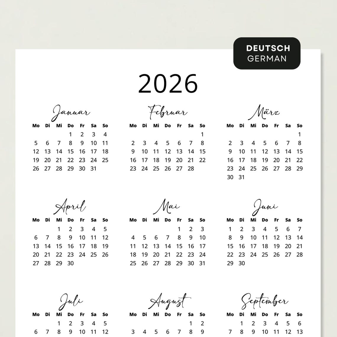 Kalender 2026 Kalender Deutsch Kalender zum Ausdrucken 2026 Deutschland